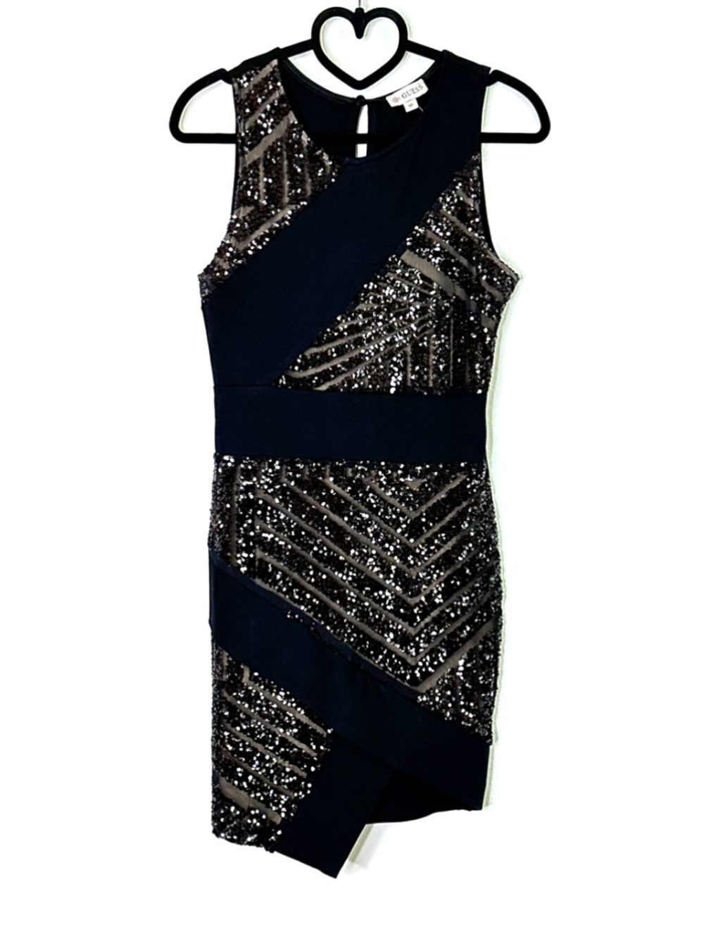 Guess Black Sequin Bodycon Asymmetrical Sleeveless Dress Size SP
